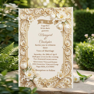 Luxury White Tulips Baroque Gold Florals Wedding Invitation