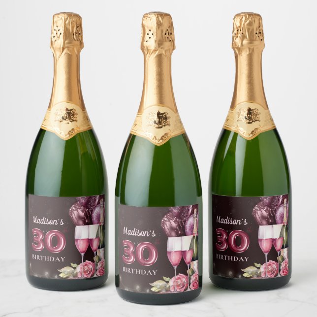 Luxury Wine & Balloons 30th Birthday Sparkling Wine Label (Bottles)