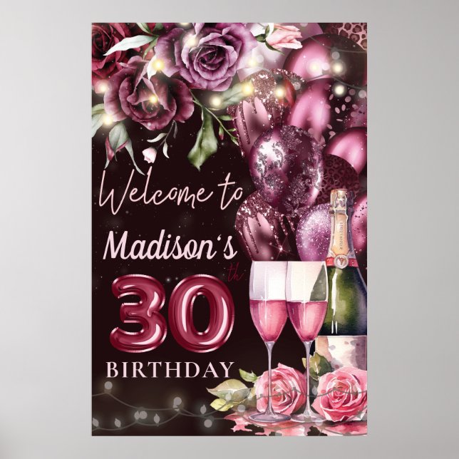 Luxury Wine Magenta 30th Birthday Welcome Sign (Front)