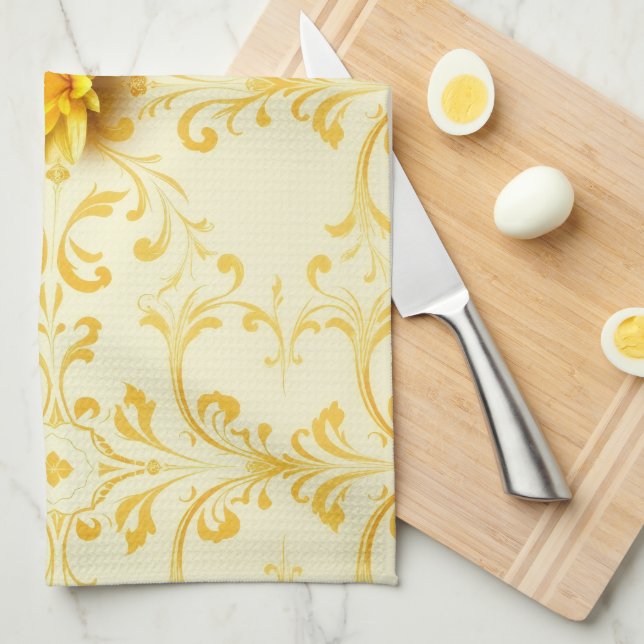Luxury Yellow Tulip Damask Easter Kitchen Towel (Quarter Fold)