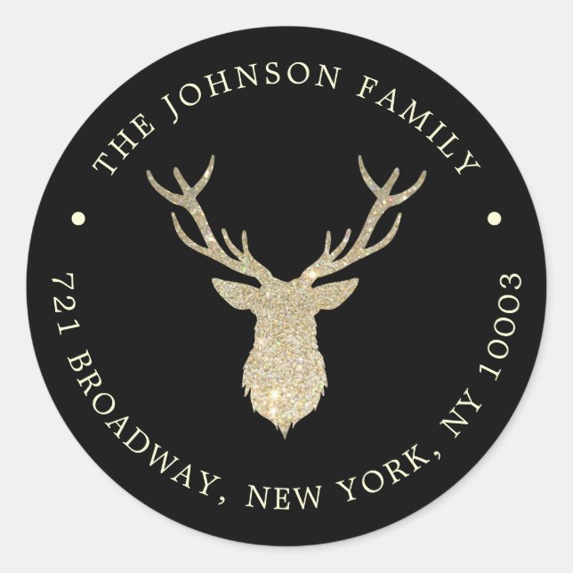Luxuty Glitter Shiny Reindeer Christmas Address Classic Round Sticker (Front)