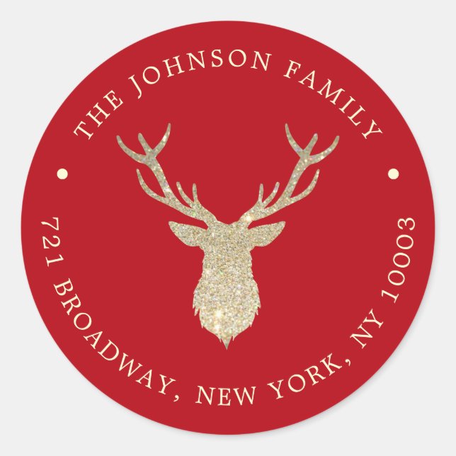 Luxuty Glitter Shiny Reindeer Christmas Address Classic Round Sticker (Front)