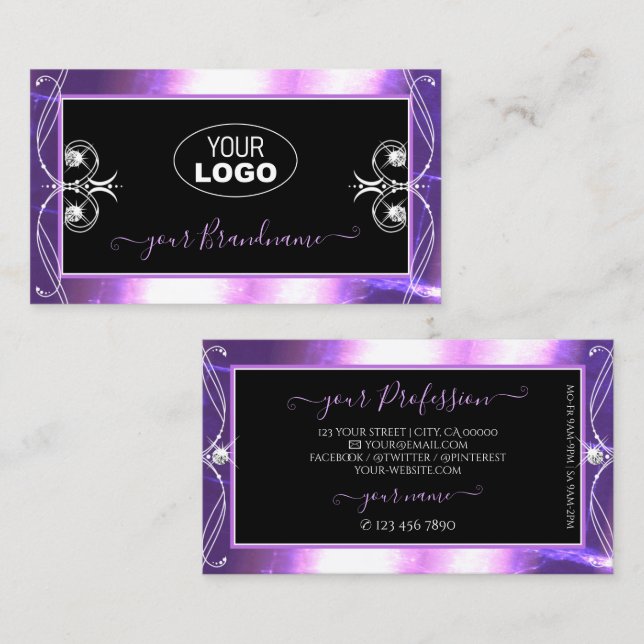 Luxuy Ornate Black Purple Sparkle Jewels with Logo Business Card (Front/Back)