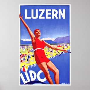 Luzern lake, lido, water ski man, vintage travel poster