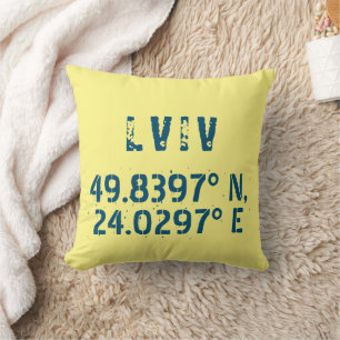 Lviv Ukraine Latitude & Longitude Distressed   Cushion