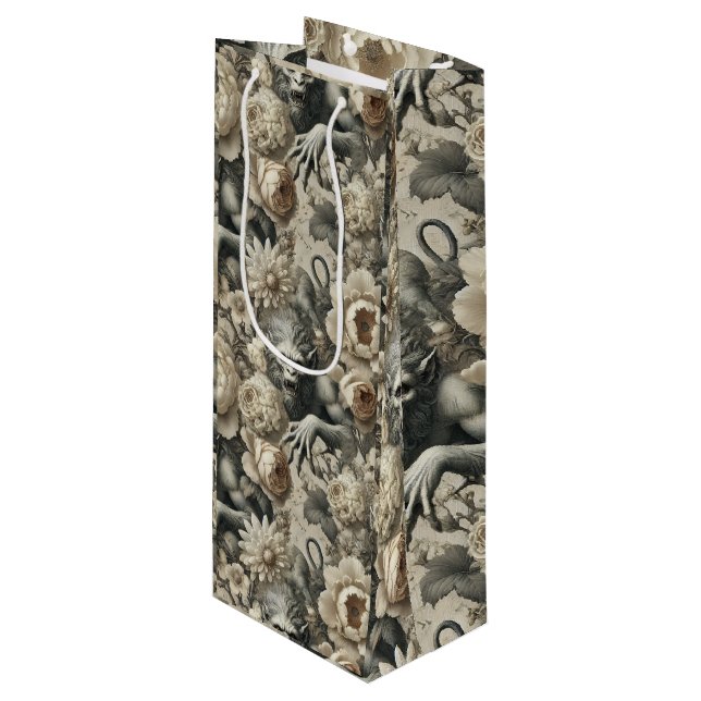 Lycanthropic Splendour – Gothic Werewolf Floral  Wine Gift Bag (Front Angled)