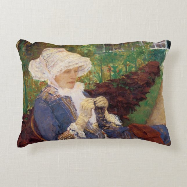 Lydia Crocheting in Garden at Marly, Mary Cassatt Decorative Cushion (Front)