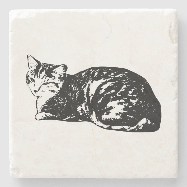 Lying Tabby Cat Monochrome Coaster (Front)