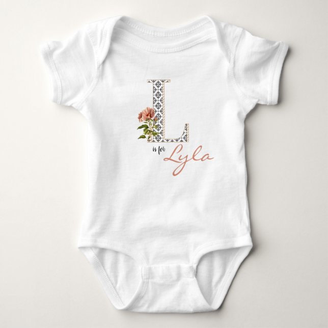 Lyla Name Reveal Floral Letter L Girl Whimsical Baby Bodysuit (Front)