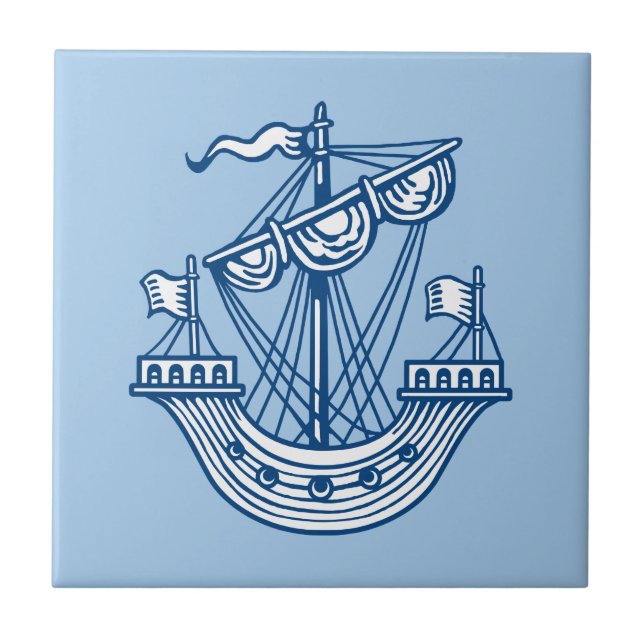 Lymphad (Heraldic Ship) - Indigo Style Blue Ceramic Tile (Front)
