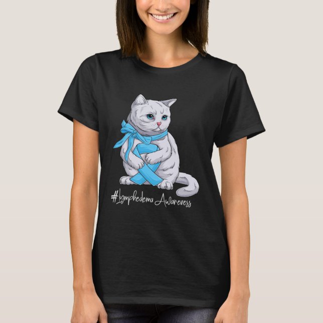 Lymphedema Awareness Month Light Blue Ribbon Cat T-Shirt (Front)