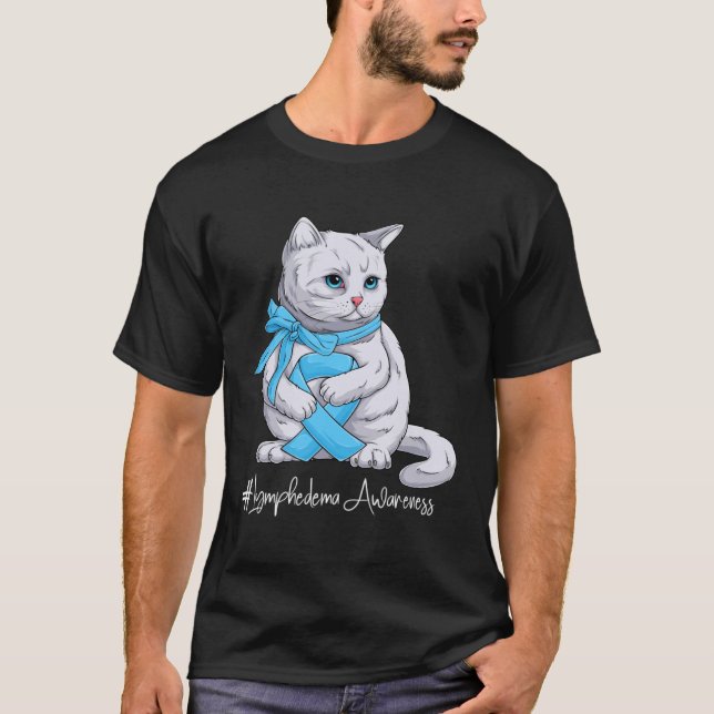 Lymphedema Awareness Month Light Blue Ribbon Cat T-Shirt (Front)