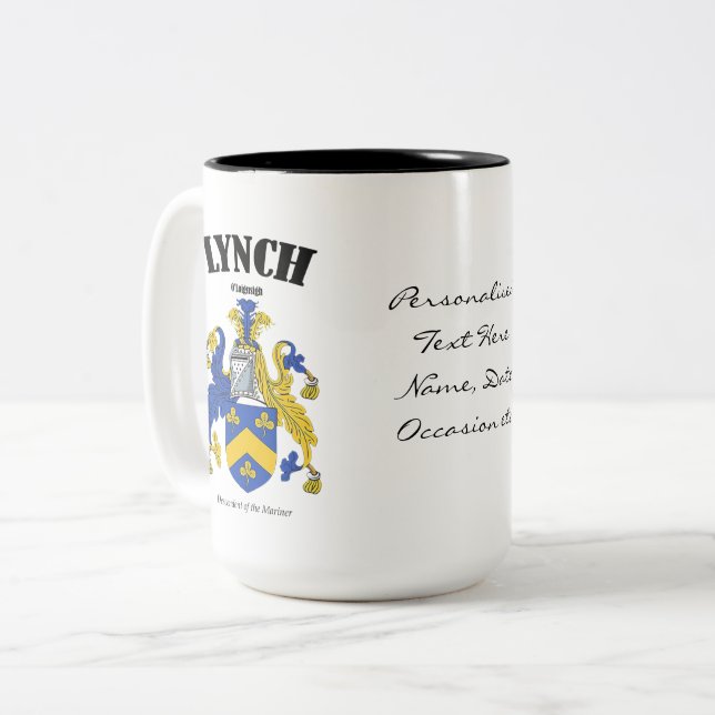 Lynch Family Crest, Translation & Meaning Two-Tone Coffee Mug (Front Left)