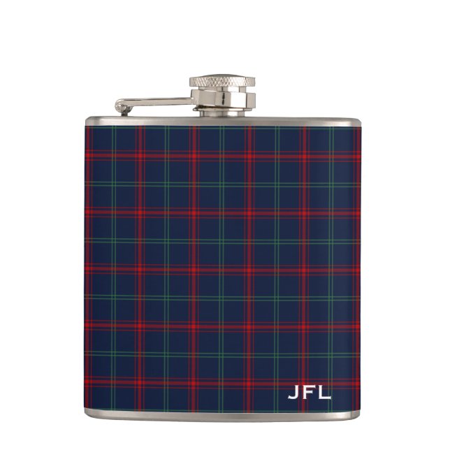 Lynch Tartan Monogram Navy Blue Plaid Hip Flask (Front)