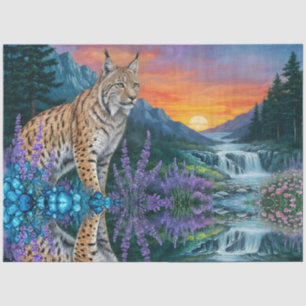 Lynx at sunrise by waterfall tissue paper