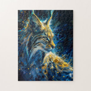 lynx bobcat bathed in blue yellowish neon light jigsaw puzzle