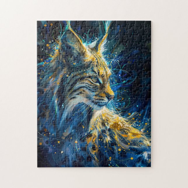 lynx bobcat bathed in blue yellowish neon light jigsaw puzzle (Vertical)
