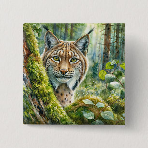 Lynx in Lush Green Forest Watercolor Button