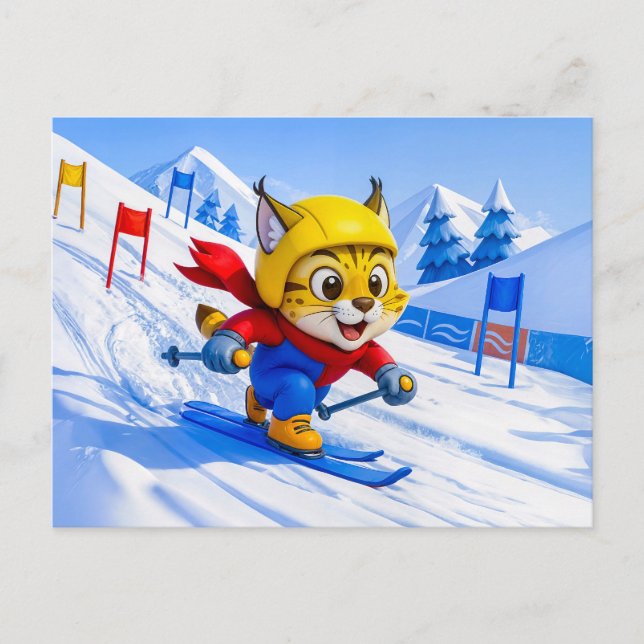 Lynx Skiing Giant Slalom in Winter Postcard (Front)