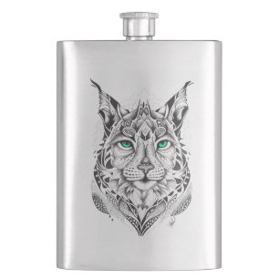 Lynx Wild Animal Nature Illustration Art Tattoo Hip Flask