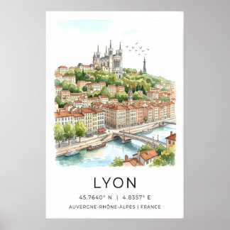 Lyon City Print Watercolor Skyline and Stone