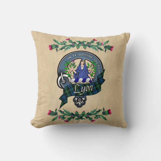 Lyon Clan Badge & Tartan Thistle Throw Pillow (Front)