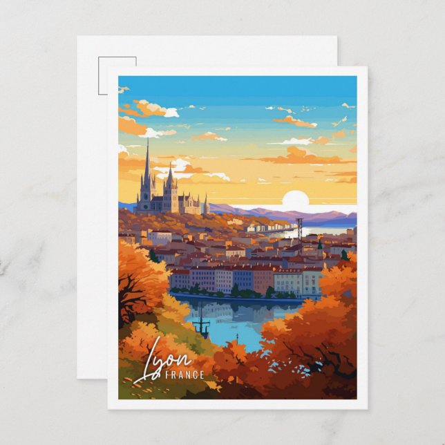 Lyon France Art vintage travel illustration Postcard (Front/Back)