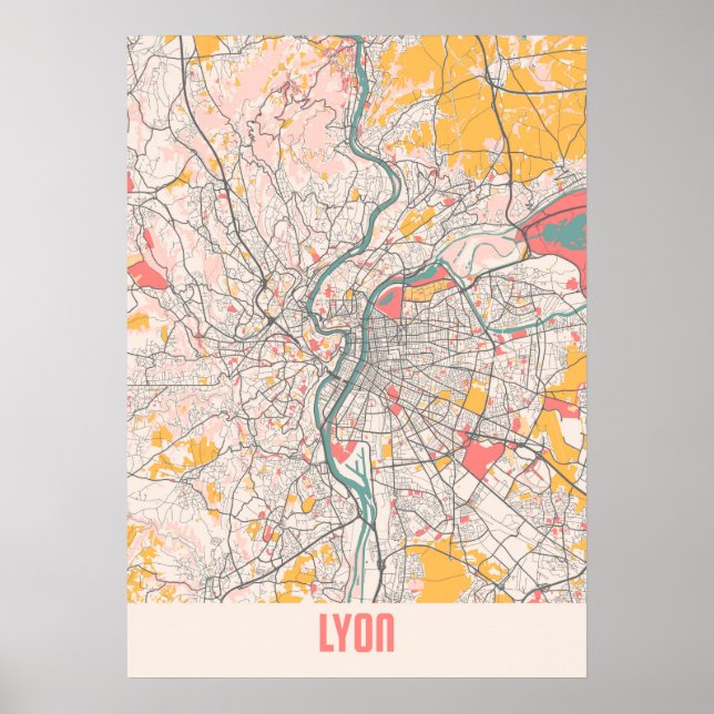 Lyon - France Chalk City Map Poster (Front)