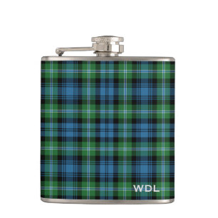 Lyon Tartan Monogram Green and Blue Plaid Hip Flask