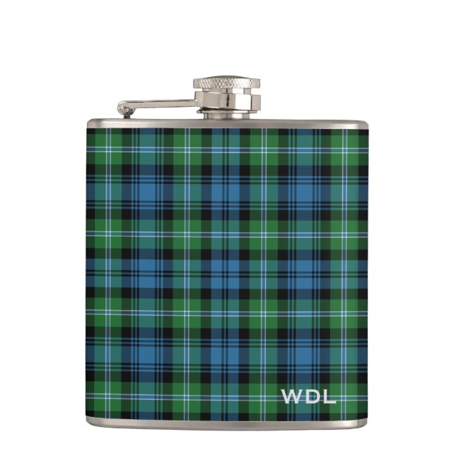 Lyon Tartan Monogram Green and Blue Plaid Hip Flask (Front)