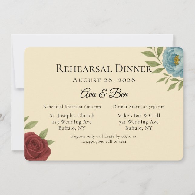 Lyons Blue & Dark Red Peony Rehearsal Dinner Invitation (Front)