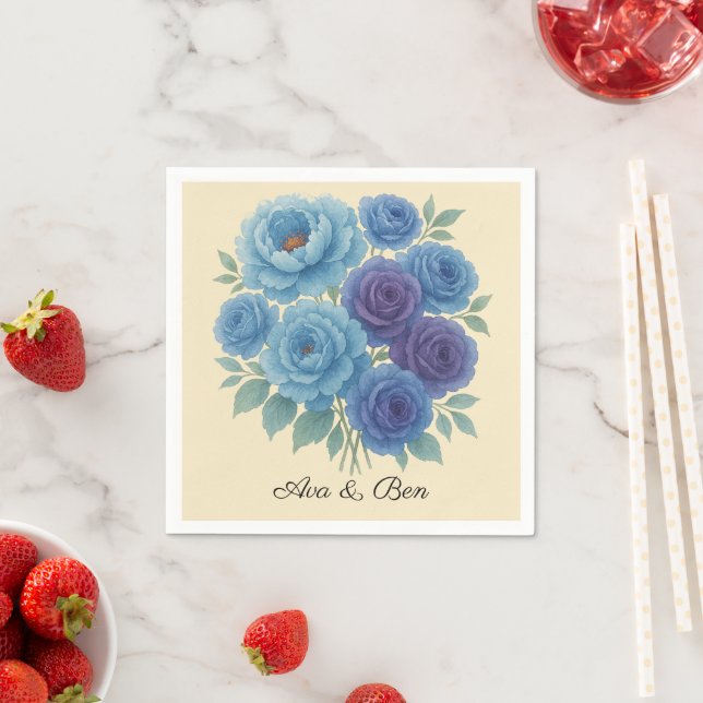 Lyons Blue Peony and Fig Purple Rose Wedding Napkin (Insitu)