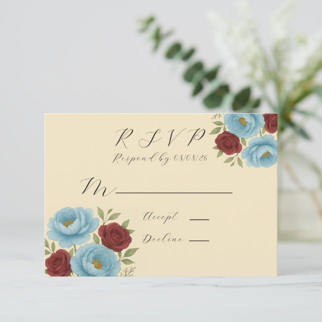 Lyons Blue Peony & Dark Red Peony Wedding RSVP Card (Standing Front)