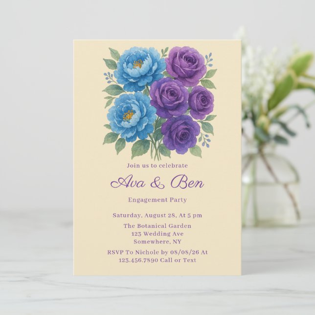 Lyons Blue Peony & Fig Purple Engagement Party Invitation (Standing Front)