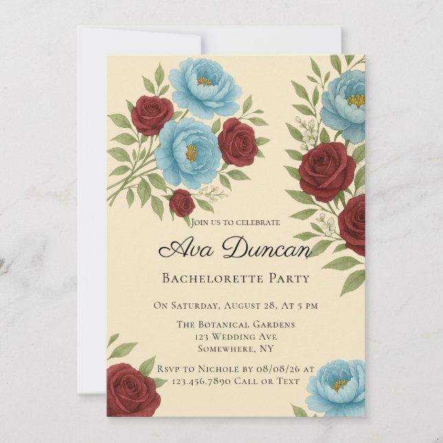 Lyons Blue Peony & Red Roses Bachelorette Party Invitation (Front)