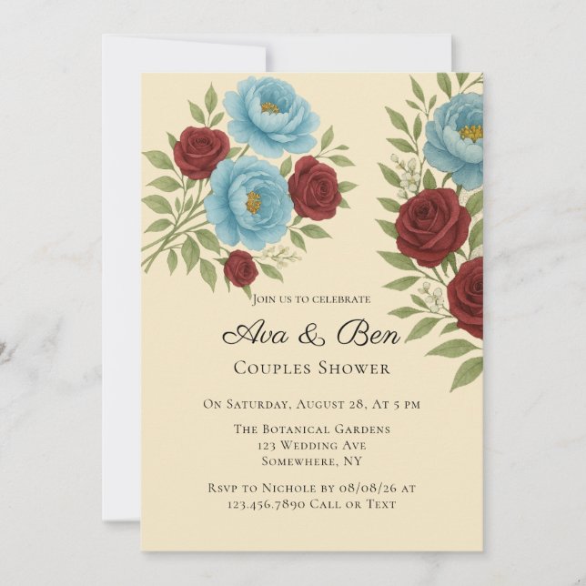 Lyons Blue Peony & Red Roses Invitation (Front)