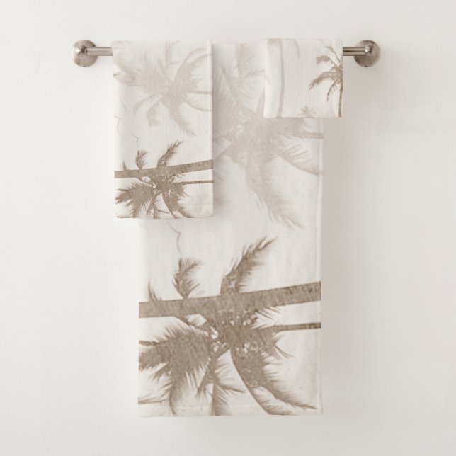 Lyrical Vintage Sepia Tropical Palms Birds Bath Towel Set (Insitu)