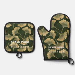 Lytle Park-Gold Ginko Pattern Potholder Oven Mitt  & Pot Holder Set