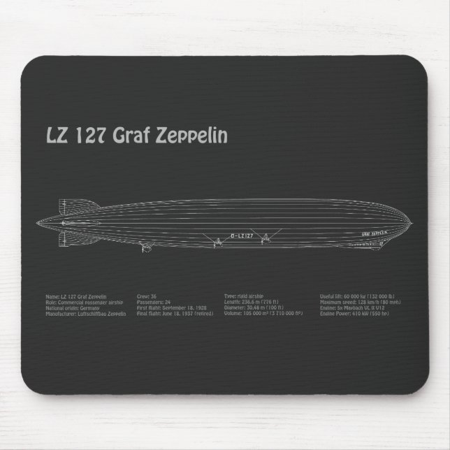 LZ 127 Graf Zeppelin - Airship Blueprint Plans PD Mouse Pad (Front)