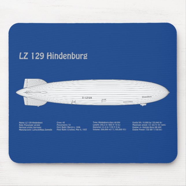 LZ 129 Hindenburg - Airship Blueprint Plans ABD Mouse Pad (Front)