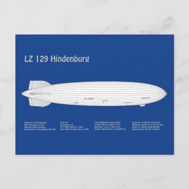 LZ 129 Hindenburg - Airship Blueprint Plans ABD Postcard (Front)
