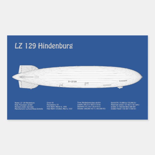 LZ 129 Hindenburg - Airship Blueprint Plans ABD Rectangular Sticker (Front)