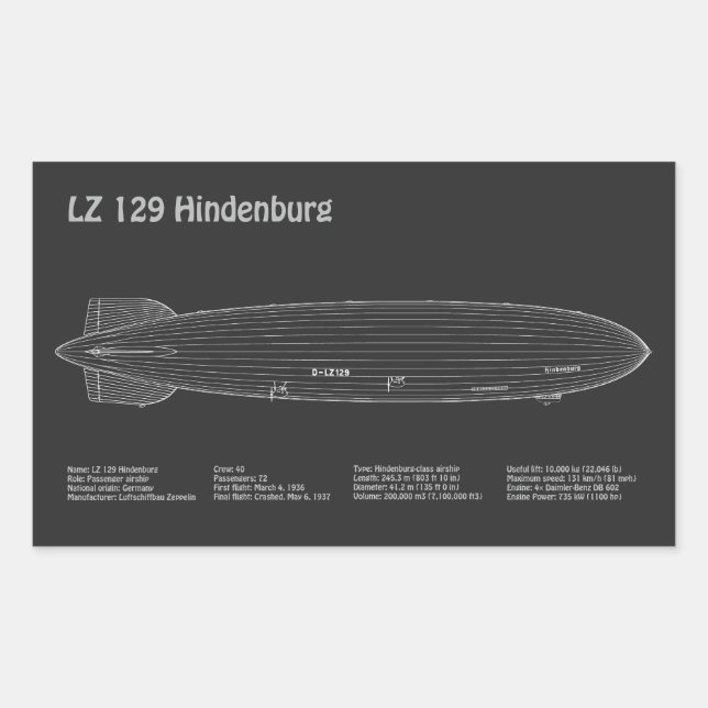 LZ 129 Hindenburg - Airship Blueprint Plans PD Rectangular Sticker (Front)