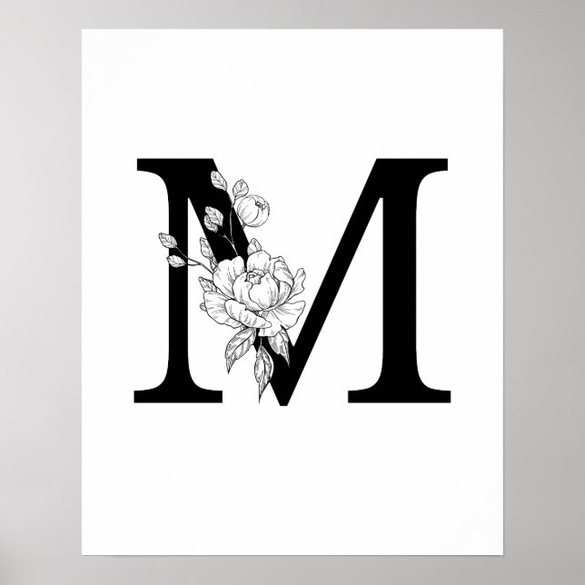 M botanical monogram. Letter initial with peonies Poster (Front)