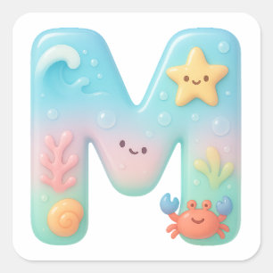 "M" Cute Letter - Underwater Sea Creature Square Sticker