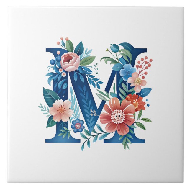 'M' decorative floral monogram Ceramic Tile (Front)