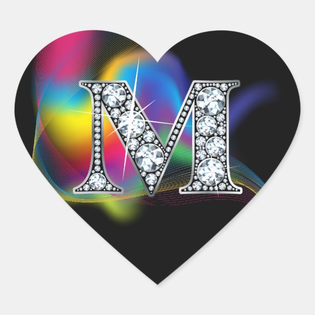 "M" Diamond Bling on Rainbow Swirl Heart Sticker (Front)
