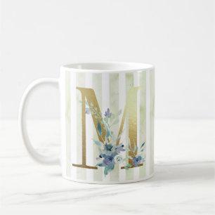M,  golden initial on blue and white stripes coffee mug
