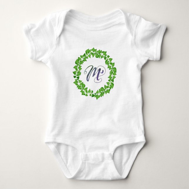 M Initial Boho Green Foliage Wreath Cute Pretty Baby Bodysuit (Front)