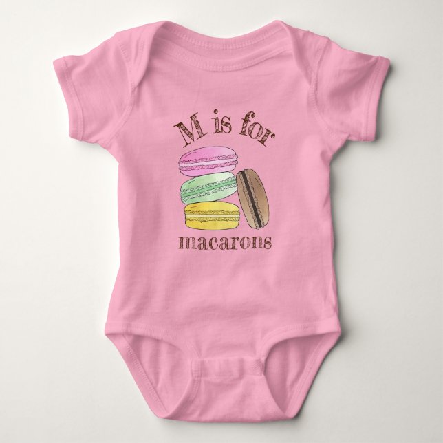 M is for Macarons French Bakery Patisserie Cookies Baby Bodysuit (Front)